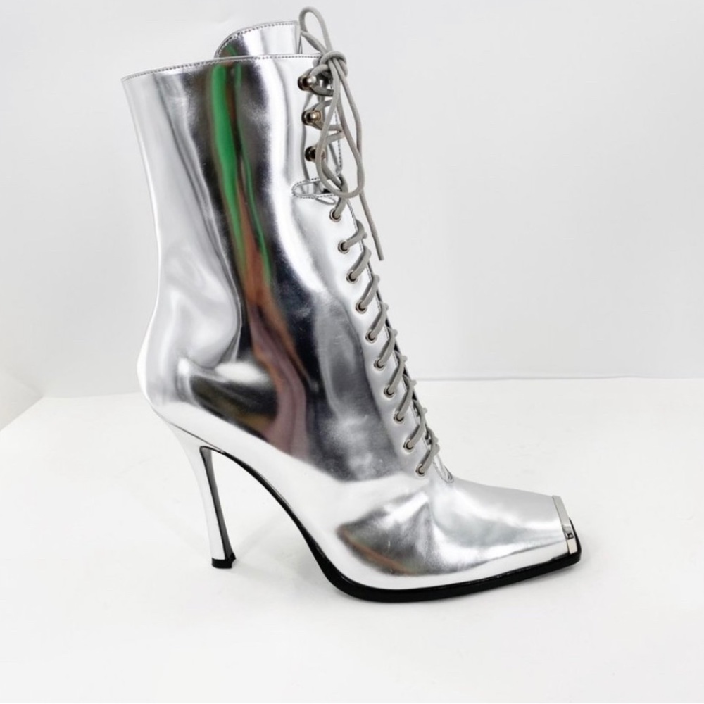 Rare RAF Calvin Klein 205W39NYC Windora Silver Lace Up Heeled Boot Sz37euro 7US